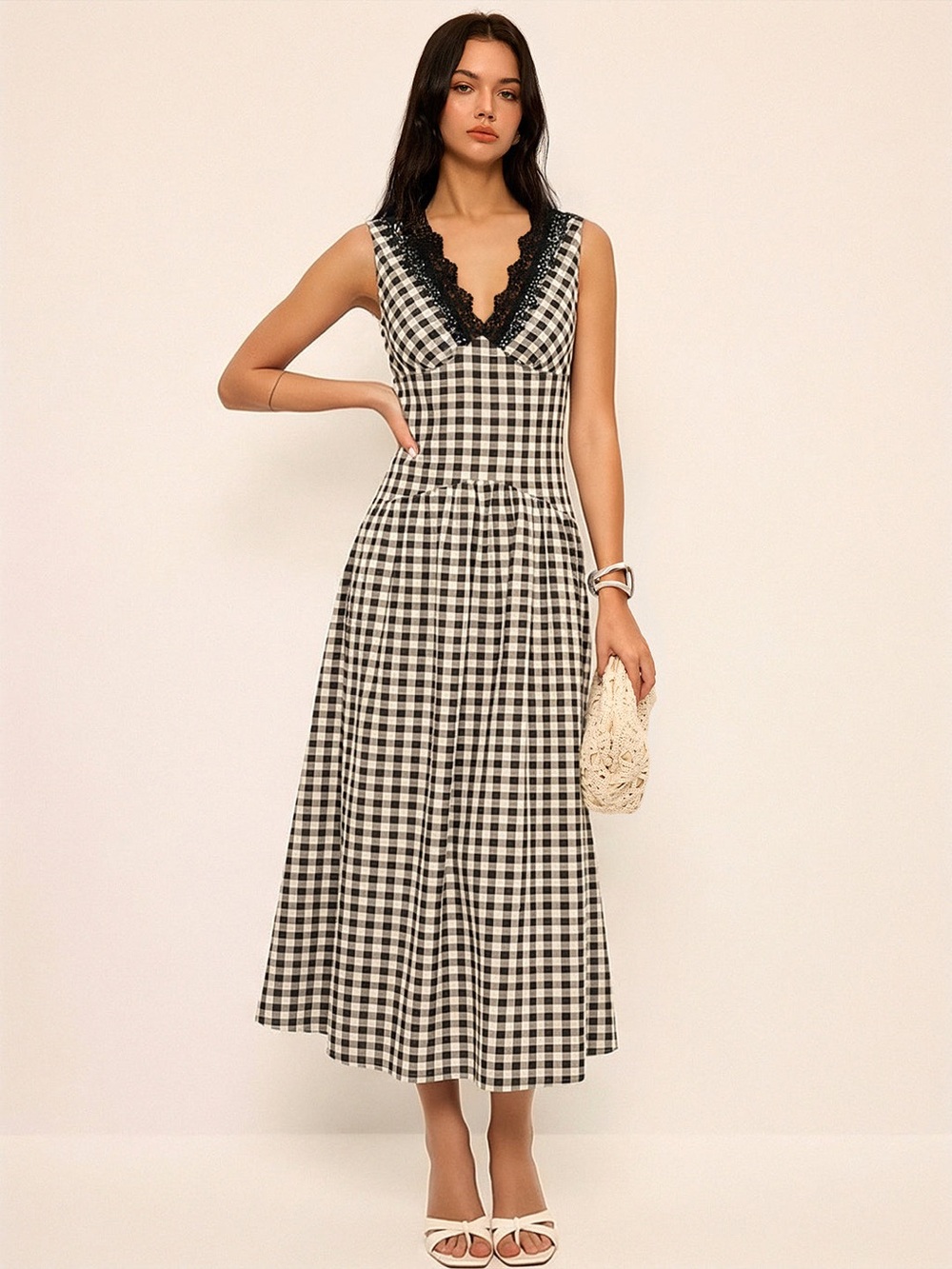 Commense Sleeveless Lace Trim Gingham Maxi Dress